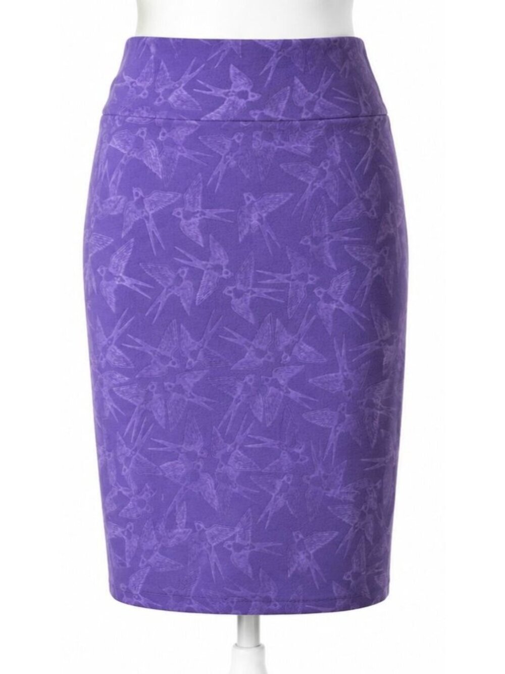 LuLaRoe Cassie L Purple Swallow Bird Pencil Skirt Stretch Whimsigoth Cottagecore